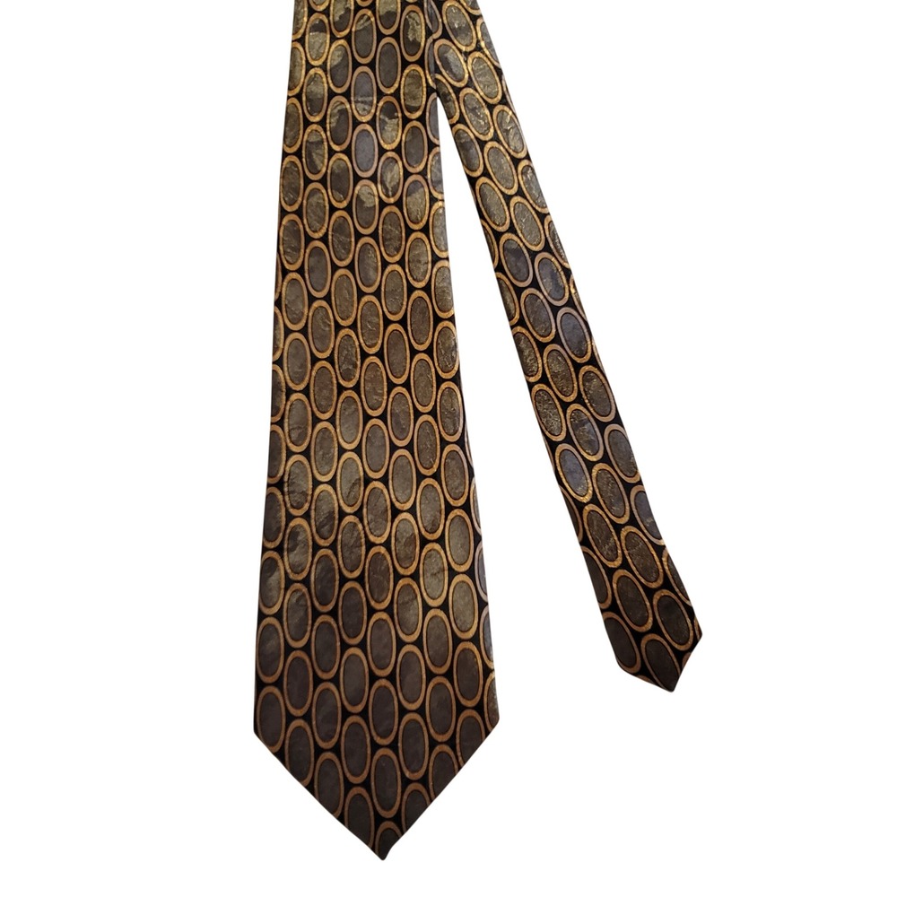 Dino Romano Necktie‎ Mens OS Gold Grey Navy Geometric Oval Handmade Woven Silk